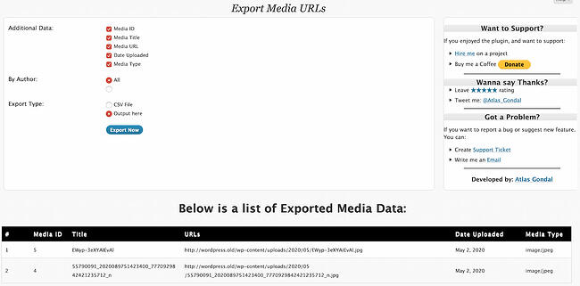 El usuario ha exportado URL de medios con identificación, título, fecha de carga y tipo de medio usando Exportar URL de medios