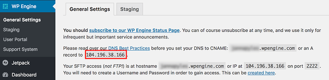 La dirección IP del sitio de WordPress que aparece en la pestaña WP Engine del panel de control de WordPress
