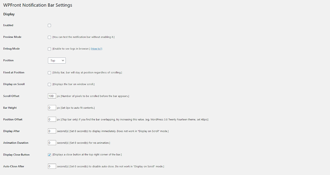 Página de configuración de la barra de notificaciones de WP
