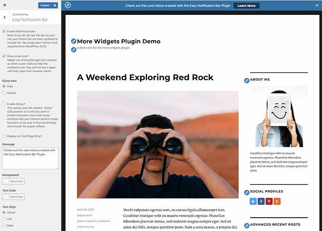 Barra de notificación fácil creada con el Personalizador de WordPress