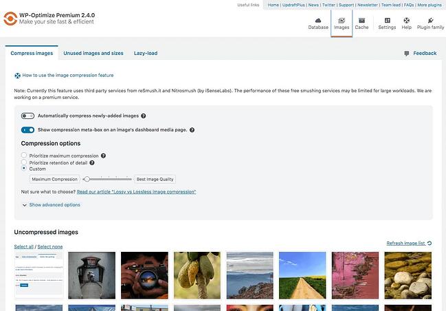menú de compresión de imágenes en el complemento wp-optimize