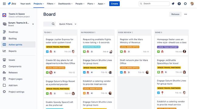 Tablero de Jira que muestra el estado de los proyectos en el tablero Kanban