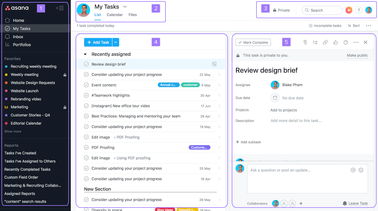 Vista del proyecto de Asana que muestra las tareas asignadas al usuario
