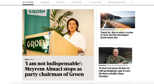 El diseño de la página de noticias de De Morgen utiliza una tipografía diferente para los anuncios.