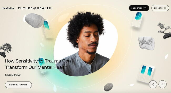 El diseño del sitio de noticias Healthline Transform incluye animaciones y otros efectos