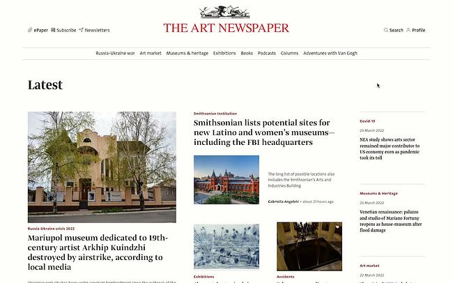 El diseño del sitio web de Art Newspaper tiene un diseño limpio gracias al gran espacio en blanco