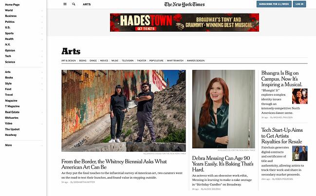 El diseño de la página de noticias del New York Times presenta un menú de navegación vertical que se contrae detrás del botón de hamburguesa.