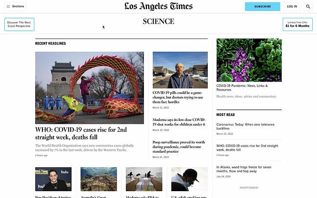 El diseño del sitio de noticias de Los Angeles Times utiliza espacios en blanco y divisores para organizar las secciones.