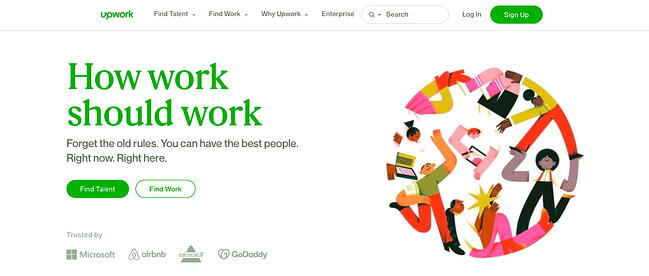 Upwork construido con AngularJS invita a los usuarios a encontrar talento o encontrar un trabajo