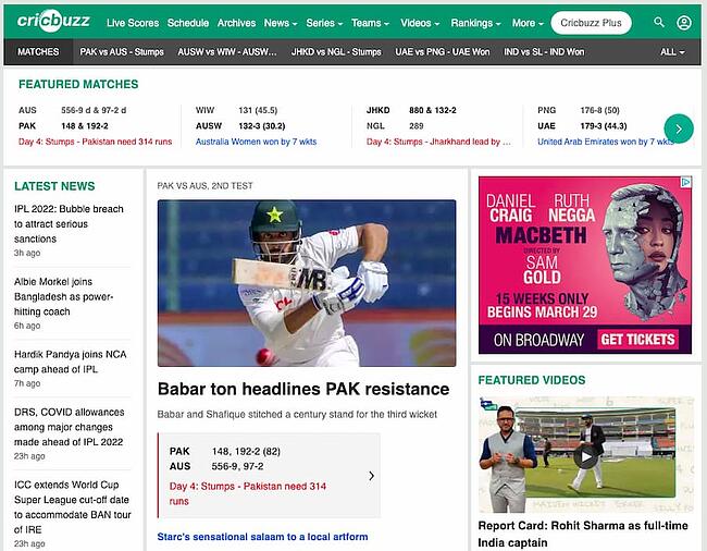 Construido con AngularJS, Cricbuzz presenta cobertura en vivo de partidos de cricket