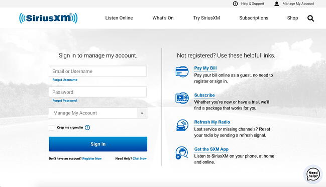 Un sitio de SiriusXM Care creado con AngularJS incluye un formulario de inicio de sesión