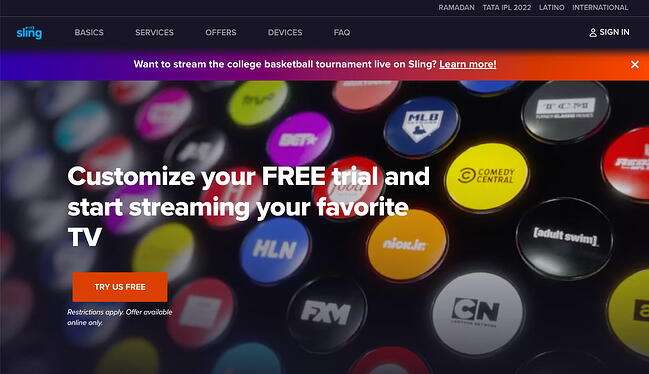 El sitio de Sling construido con AngularJS viene con paquetes personalizables y una CTA de prueba gratuita