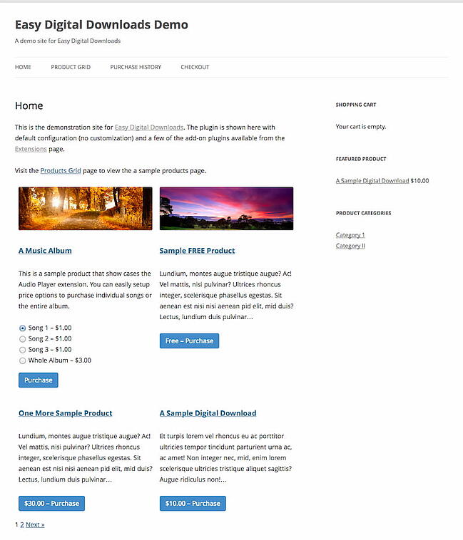Una tienda de comercio electrónico que vende descargas digitales creadas con el complemento Easy Digital Downloads
