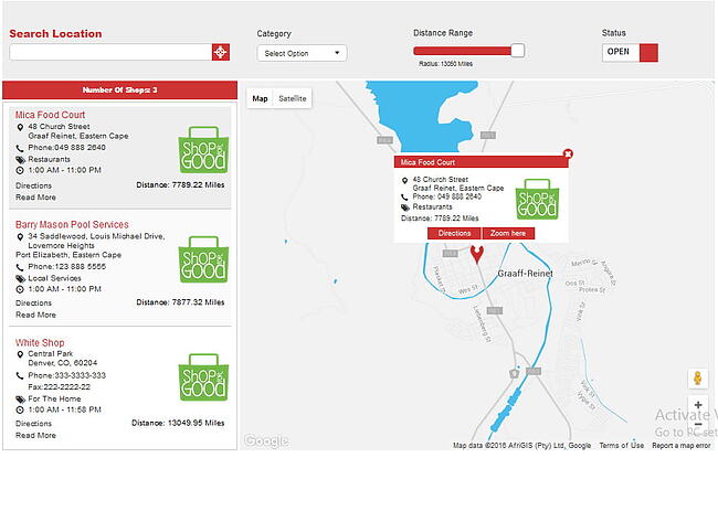 Mapa que muestra múltiples ubicaciones comerciales de comercio electrónico a través del Localizador de tiendas para el complemento de WordPress