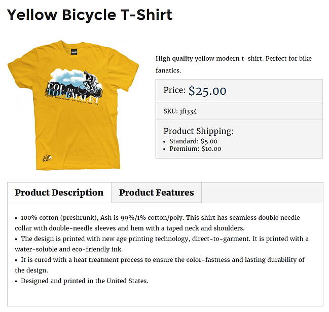 Página de producto de camiseta creada con el complemento Catálogo de productos de comercio electrónico para WordPress