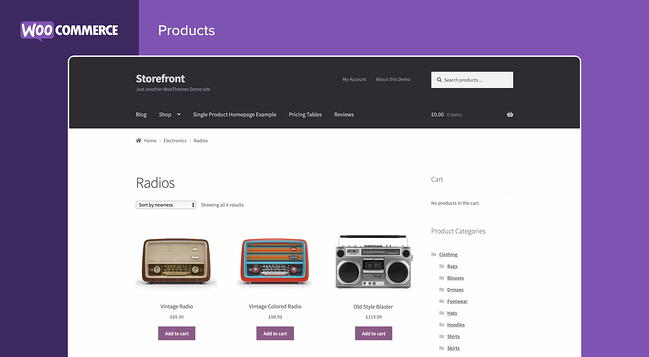 Un escaparate de WooCommerce con radios a la venta