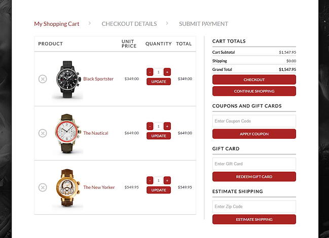 Carrito con detalles de pago para tres relojes creados con el complemento WP EasyCart