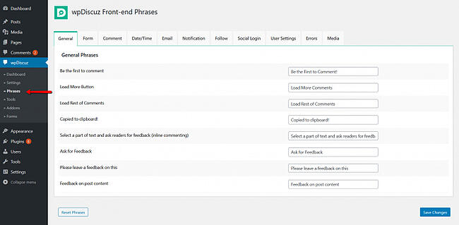 La interfaz del tablero de frases del complemento de comentarios de wordpress wpdiscuz