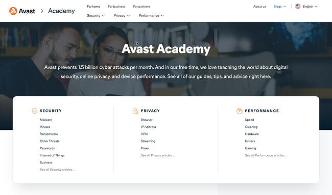 Ejemplo de un sitio web de cms hub: Avast Academy tiene una barra de navegación y una sección principal organizada por tema