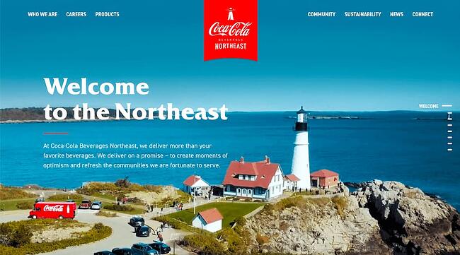 El ejemplo del sitio web de cms hub: Coca-Cola Beverages Northeast contiene una imagen de fondo de su ubicación real en el noreste