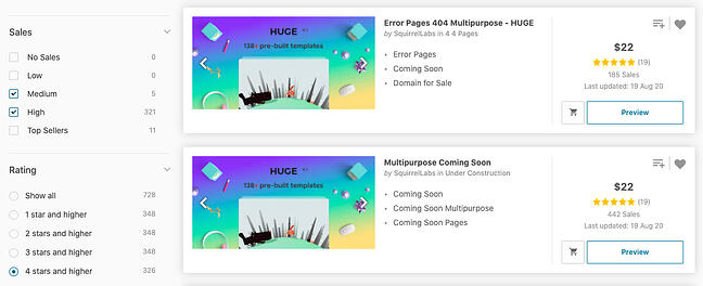 ThemeForest Marketplace tiene filtros por calificación de usuario para ayudarlo a elegir una plantilla bien calificada