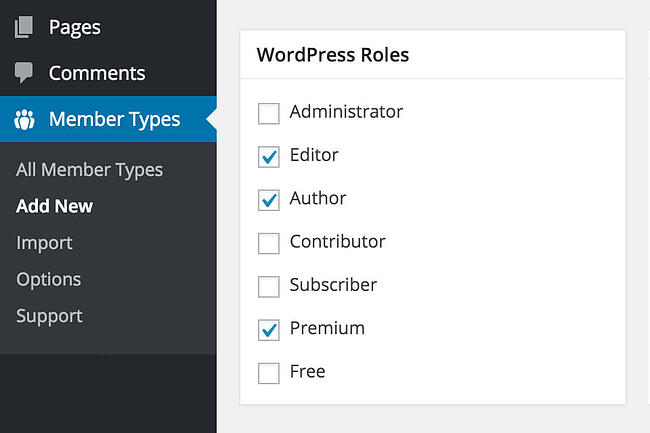 Tipos de miembros de BuddyBoss con roles de editor, autor y premium de WordPress incluidos