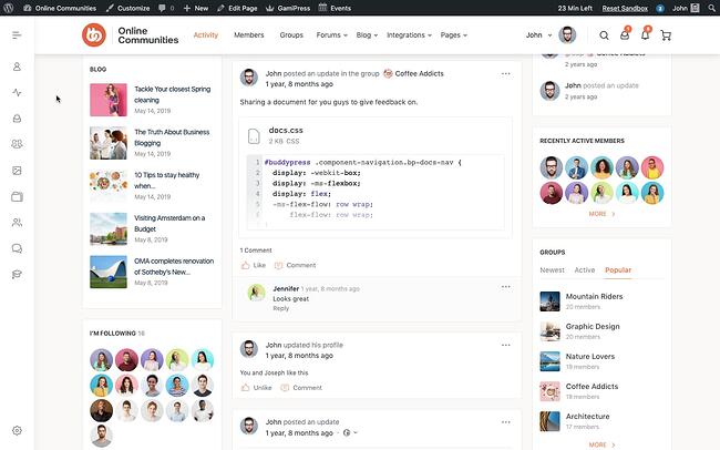Fuente de actividad de BuddyBoss que muestra las publicaciones, comentarios y me gusta de los miembros