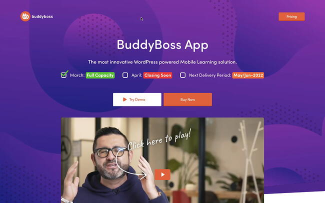 Página de inicio de la aplicación BuddyBoss con video de demostración del producto