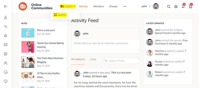 Demostración de BuddyBoss con cambio de idioma a español