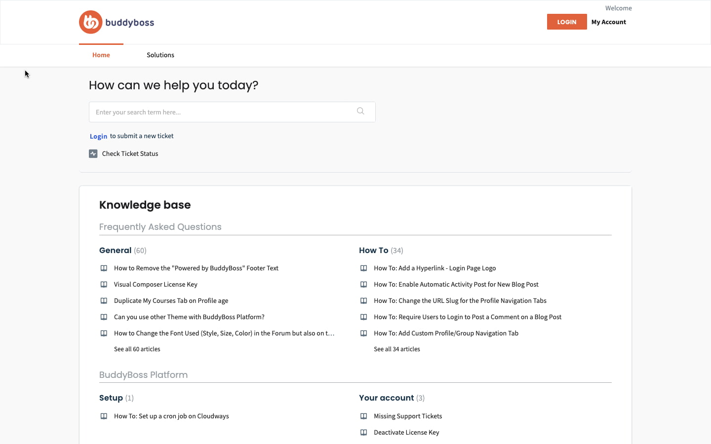 Página de atención al cliente de BuddyBoss con base de conocimiento