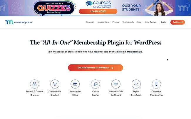 Página de inicio de Memberpress alternativa de BuddyBoss con características clave enumeradas