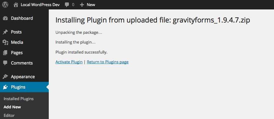 Página de instalación para instalar y activar el plugin Gravity Forms WordPress.