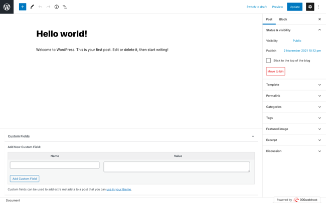 Campos personalizados predeterminados que aparecen en la parte inferior de la publicación en el editor de Gutenberg