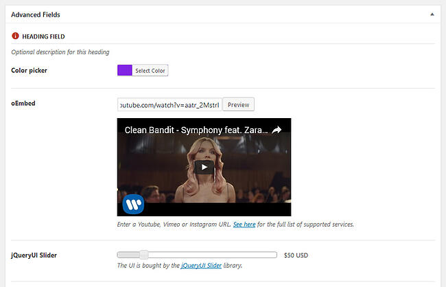 Grupo Meta Box avanzado que incluye incrustación de video y selector de color personalizado