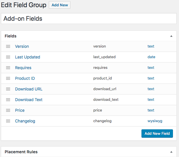 Un grupo de campos con ocho campos creados con el complemento Custom Field Suite