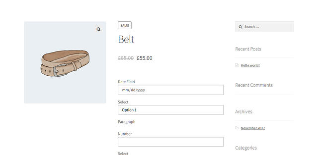 Página del producto con campos personalizados agregados usando el complemento WooCommerce Custom Product Addons