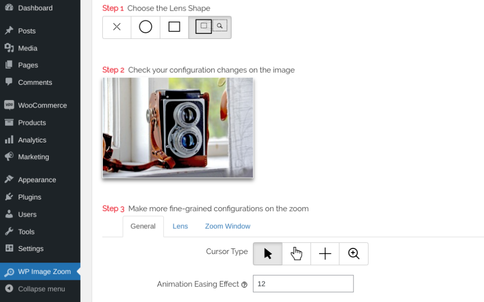 Opciones del complemento WP Image Zoom.