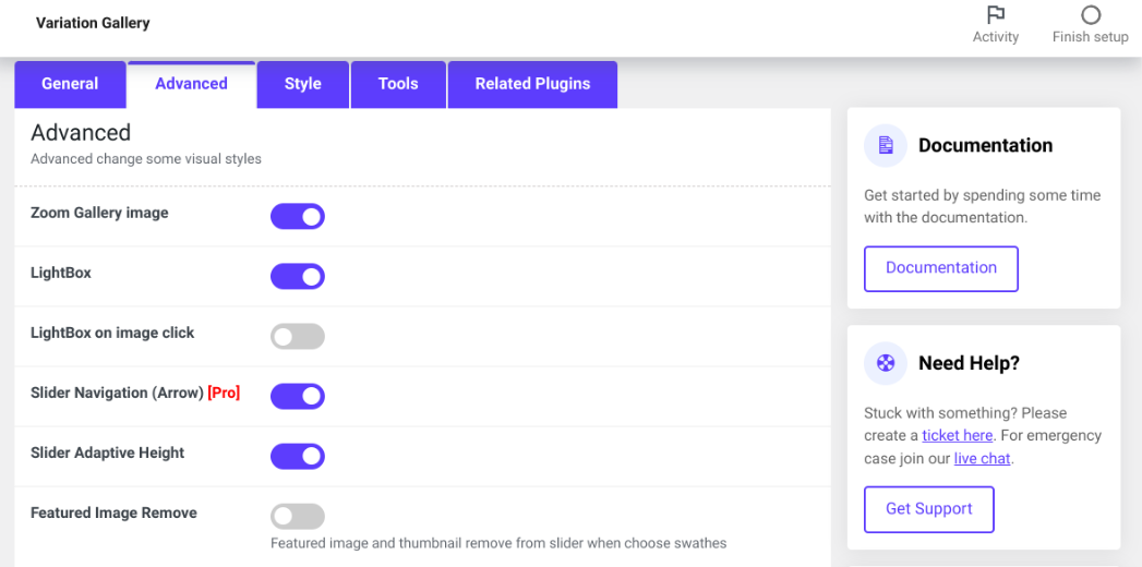 Configuración avanzada del complemento Galería de imágenes de variación para el complemento WooCommerce.