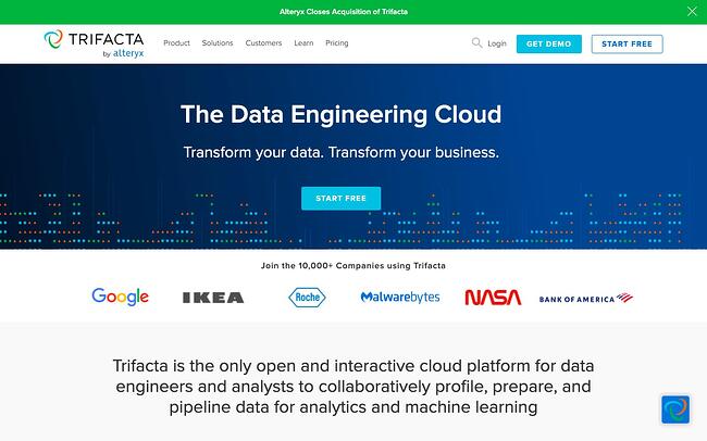 Página de destino de la herramienta de limpieza de datos Trifacta con clientes como Google y la NASA
