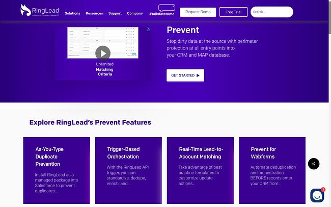 Página de destino de la herramienta de limpieza de datos RingLead Prevent con video de demostración