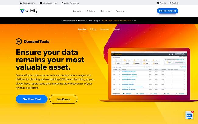 Herramienta de limpieza de datos Página de inicio de DemandTools con el botón Descargar prueba gratuita de CTA