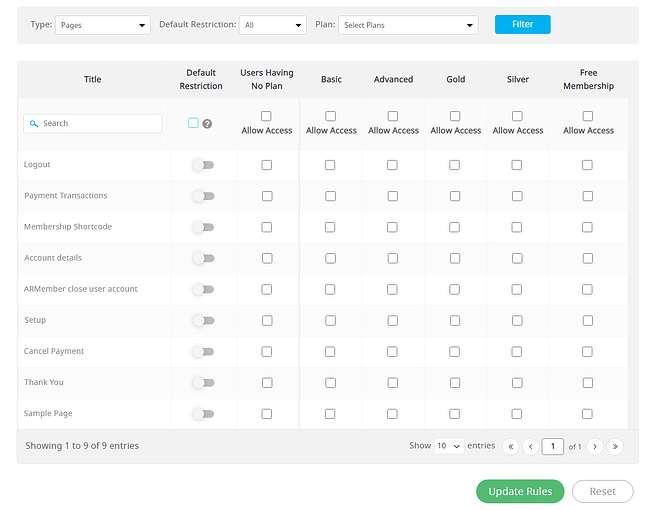 pantalla de configuración de restricción de contenido del complemento armmember