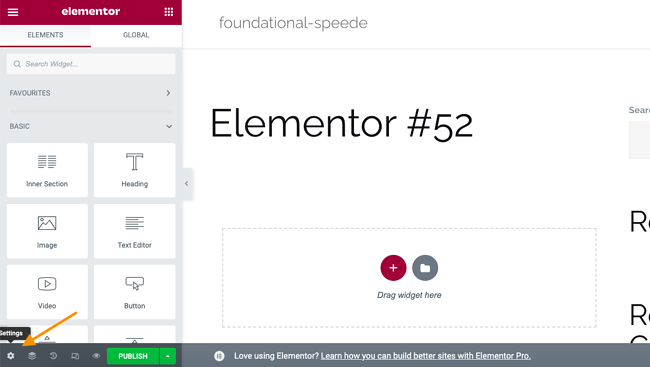 Cómo crear un sitio en modo mantenimiento con Elementor, paso 3: Haz clic en el ícono de ajustes