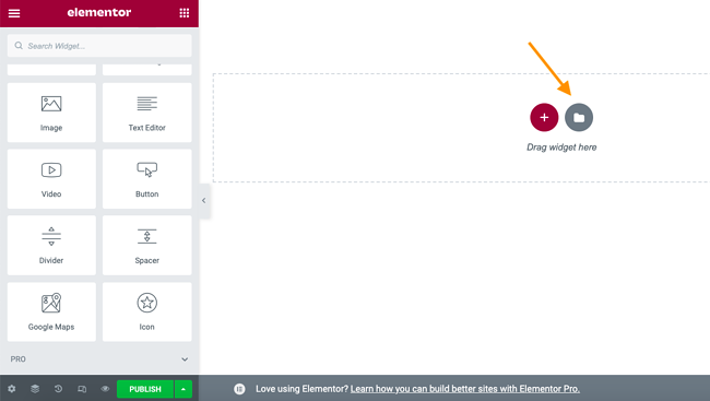 Cómo crear un sitio en modo mantenimiento con Elementor, paso 5: Haga clic en el icono de la carpeta