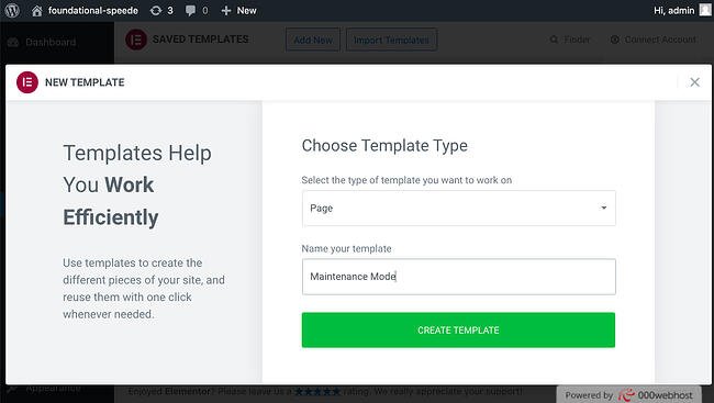 Cómo crear un sitio en modo de mantenimiento con Elementor Paso 2: seleccione un tipo de plantilla y asígnele el nombre de modo de mantenimiento