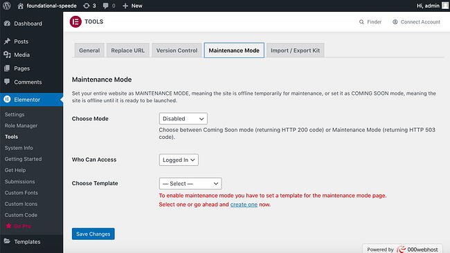 Cómo crear un sitio en modo de mantenimiento con Elementor Paso 7: haga clic en Elementor y herramientas y modo de mantenimiento