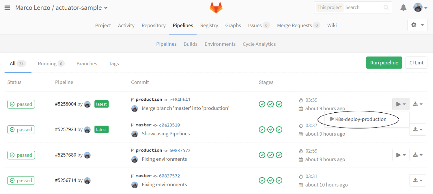 Interfaz de tuberías de GitLab