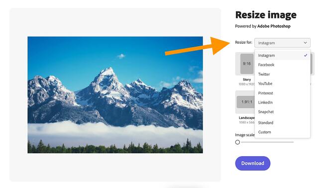 seleccione las dimensiones de la imagen para cambiar el tamaño de las imágenes sin perder calidad