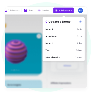 Página de productos de Walnut que muestra opciones para actualizar y publicar demostraciones de productos