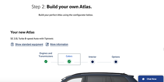 La página de productos de Volkswagen permite a los clientes construir su propio modelo de automóvil Atlas